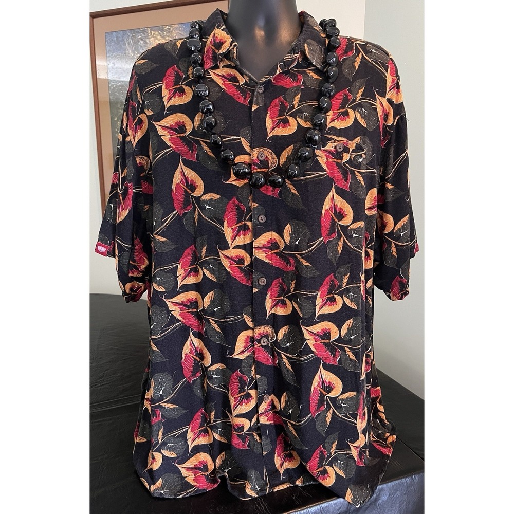 TANOA Hawaiian Shirt Aloha Tropical Black Floral Mens 2XL Button Up